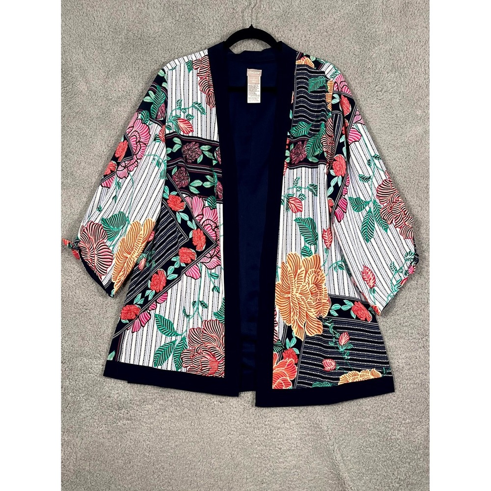 Chico's Kimono Jacket Womens 2 Floral Striped Open Front Tie Sleeve Party Resort